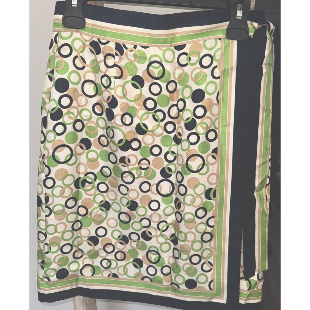 Talbots Green Black Cream Circle-Print Midi Skirt with Side Stripe